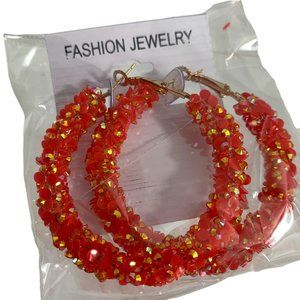 Fashion Jewelry Earrings Hoops Orange Gold Tone Chip Confetti Beads 2" Across